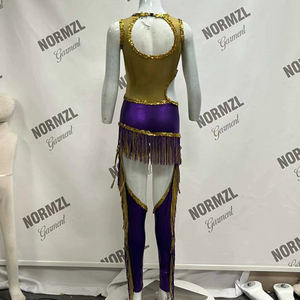 ダンスチームマジョレット-ユニフォーム衣装女性KIdダンスウェアスパンコールとフリンジ付きマジョレットダンスユニフォームパープルゴールド - Product Image 3