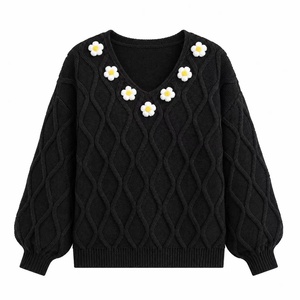 Suéter Pullover Jacquard com Padrão de Diamante Feito em Fábrica, com Apliques de Crochê Tridimensionais e Mangas Largas em Estilo Balão - Product Image 1