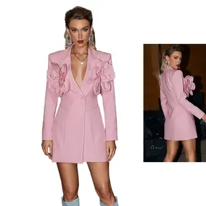 Pembe yaz vesilesiyle giymek ince uydurma mini uzunluk korsage 3d çiçek blazer elbise kadınlar