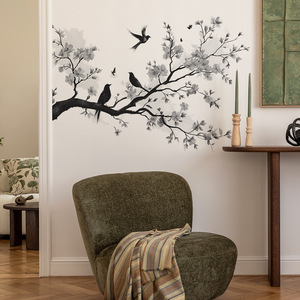 Autocollants muraux en PVC de style chinois, motif floral noir avec oiseaux, décoratifs pour chambre et salon - Product Image 3