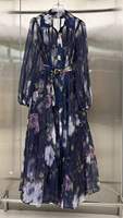 Robe longue fluide pour femme à imprimé floral, col à revers, manches longues lanternes, avec ceinture et doublure intégrée