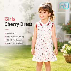 Vestito Polo Casual da <span class=keywords><strong>Bambina</strong></span> con Stampa Ciliegie, 100% Cotone, Senza Maniche, Orlo con Volant, Lunghezza al Ginocchio, Estivo, Disponibile all'Ingrosso - Product Image 1