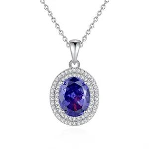 Hot selling classic style S925 sterling silver rhodium plated blue green pink oval cubic zirconia pendant necklace for women