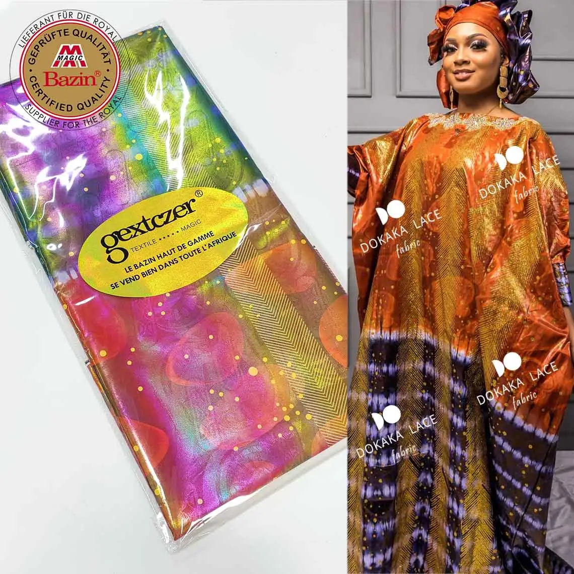5 Yards arancione africano stampato Bazin Riche tessuto motivo floreale lucido Bazin Riche Gextczer per le donne del partito abiti tessuto di pizzo