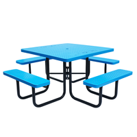 Table de pique-nique carrée en métal pour l'extérieur Mobilier de jardin Table à manger en acier Patio extérieur Table de café externe avec bancs
