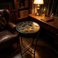 Table d'appoint décorative ronde avec horloge, cadre en métal noir, chiffres romains, pour salon et couloir