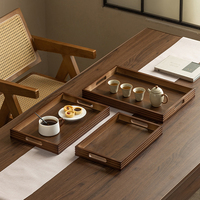 Walnut Wood Rectangular Serving Tray Set With Cutout Handles for Tea Cup Snack Fruit Kitchen Dining Table Organizer Rack