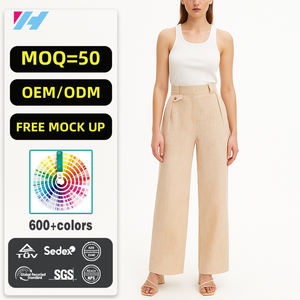 بنطلون نسائي واسع الساق بخصر مرتفع مصنوع من القطن والكتان، متوفر بالجملة حسب الطلب - Product Image 1