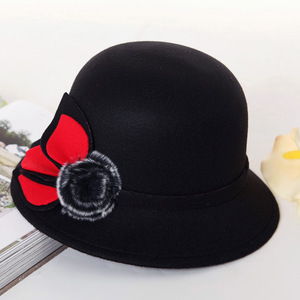 Women's Wool Bucket Hat Black <b>Red</b> <b>Bow</b> Decoration Spring Autumn Fashion Hat Adult Female Japan Korean Style - Product Image 1