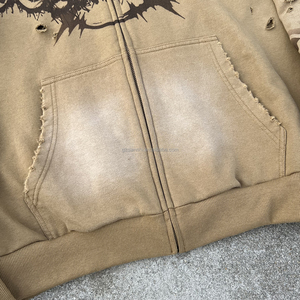 High Quality Leopard Print Zipper Hoodie Distressed Zip Jacket Oversized French Terry Cotton Custom Acid Wash Zip up Hoodie - Product Image 4