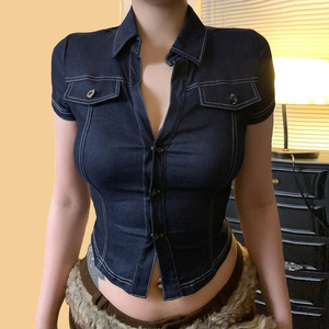 Nouvelle chemise utilitaire tissée bleue vintage pour femme 2025 avec plusieurs poches, décontractée, pour le bureau, vente en gros OEM - Product Image 3