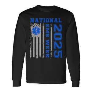 T-shirt à manches longues en coton à col rond pour adulte, avec drapeau américain, promotionnel, toutes saisons, pour la Semaine Nationale des Ambulances 2025 - Product Image 1