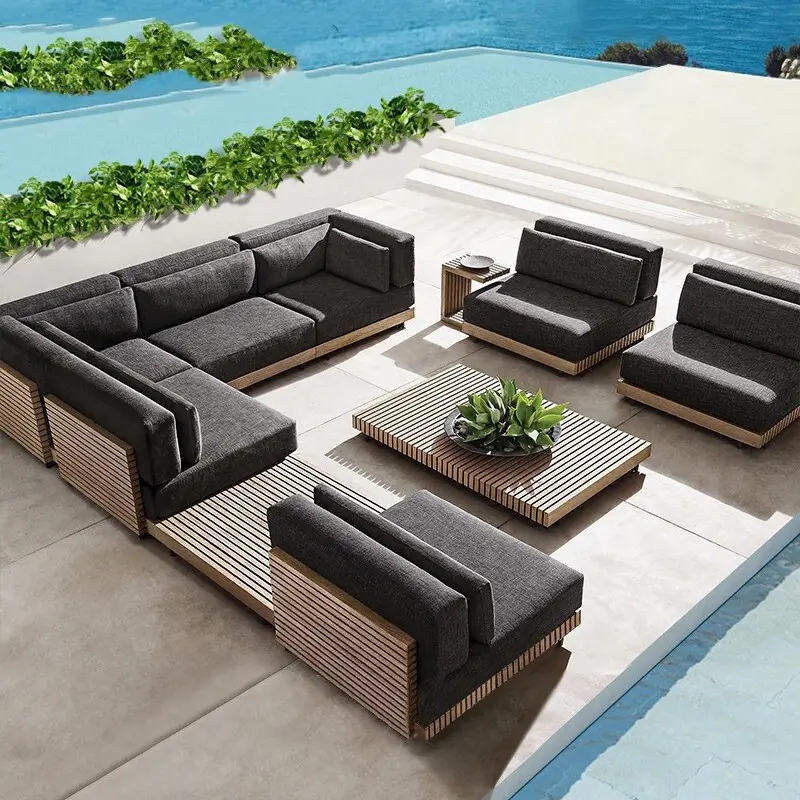 Luxe Tuin Vrijetijdsbank Set Aluminium Frame Buitenterras Meubels Buiten Teak Sofa Set