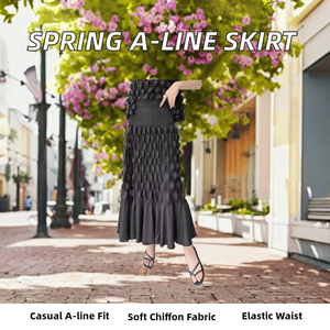 Women's Spring A-Line Midi <b>Skirt</b> Casual <b>Elastic</b> Waist Solid Color Chiffon Polyester Woven Natural In-Stock Items - Product Image 2