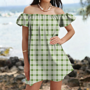 ट्रेंडी कस्टम हैवीयन प्लाड प्रिंट महिलाओं ढीली पोशाक ड्रॉप-कंधे से लैस मिनी महिला छुट्टी के कपड़े - Product Image 3