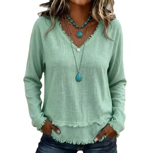 6462 Camicetta da Donna con Scollo a V e <span class=keywords><strong>Frange</strong></span>, Maniche Lunghe, Tinta Unita, Vestibilità Ampia, Pullover Casual per l'Estate e l'Uso Quotidiano - Product Image 5