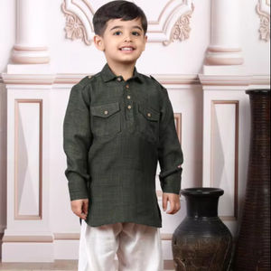 smiling young <b>boy</b> wearing gray <b>kurta</b> with white pants posing indoors festive ethnic outfit child portrait stylish kids fashion - Product Image 1