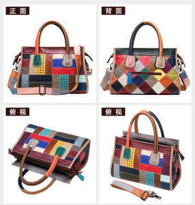 Bolso de mano de cuero genuino para mujer, estilo vintage, con patrón geométrico, colores contrastantes, bandolera, bolso de hombro, bolsos con asa superior para dama - Product Image 3