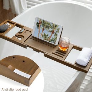 Bandeja moderna para bañera con ancho ajustable, soporte para vino y tableta con soporte para teléfono, soporte para tableta de baño y organizador de bañera de bambú antideslizante - Product Image 2