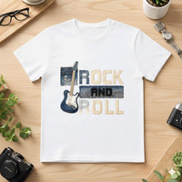 Kurzärmliges, bequemes, weiches Unisex-T-Shirt aus 210 g/m² 100 % Baumwolljersey, lässig, atmungsaktiv, strapazierfähig, mit Rock'n'Roll-Gitarren-Print