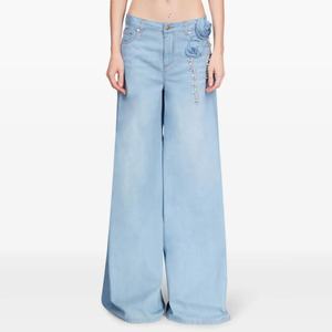 Pantalones Vaqueros Acampanados de Moda, Color Azul Claro Vintage, con Rosa 3D, Cintura Alta, Pedrería y Pierna Ancha, Venta al Por Mayor Directa de Fábrica - Product Image 1