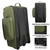 Sac de voyage à roulettes robuste en polyester vert olive, grande capacité, avec poignée de transport et base à trois roues, chariot de transport lourd
