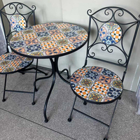 Ensemble de chaises pliantes en métal d'extérieur avec table en mosaïque de ciment, mobilier de jardin en fer forgé antirouille pour patio, cour