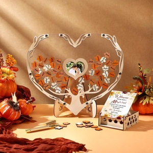 Heart Shape Maple Leaf <b>Guestbook</b> 6in Wooden Acrylic Diy <b>Wedding</b> Autumn Thanksgiving Place Card Holder - Product Image 1