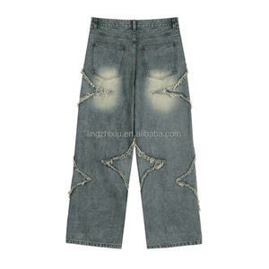 Unisex yüksek sokak yıkama ham kenar gevşek kot pamuk gevşek düz grafik aplike nakış yıkama yüksek kaliteli Denim pantolon erkekler - Product Image 5