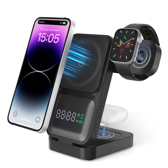 2026 Portable 15W 3-in-1 Magnetic Wireless Charger Foldable Aluminum Alloy CE ROSH Certified Travel Station Phone Watch Earphone