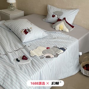 Elephant Diary Cotton Quilt Set 4-Piece Summer Cooling Bedding For Kids With Applique Embroidery - Product Image 3