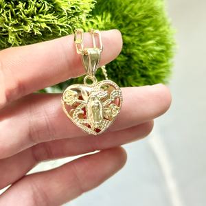Collar con Colgante de la Virgen María con Corazón de Flor de Guadalupe, Oro de 14k, Cadena de 60cm, Joyería Religiosa - Product Image 6