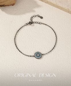 S925 Silver Black Rhodium Plated Chain <b>Bracelet</b> With Blue Crystal BohoStyle Eye Pendant Classic Everyday Wear Unisex - Product Image 6