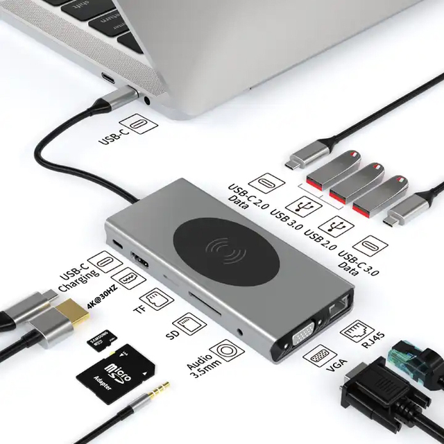 Type-C to 13-in-1 with VGA 4K30HZ 1Gbps Ethernet Adapter Aluminum Alloy Wireless Charging Docking Station Multiple Ports Stock