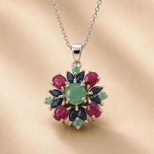 925 Sterling Silver Rhodium Plated Ruby <b>Emerald</b> Blue Sapphire Floral <b>Pendant</b> - Product Image 5