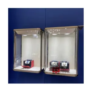 Vitrina personalizada de joyería de lujo, vitrina de exhibición de reloj de Metal redonda azul, vitrina de exhibición de cristal, vitrina de muebles de joyería