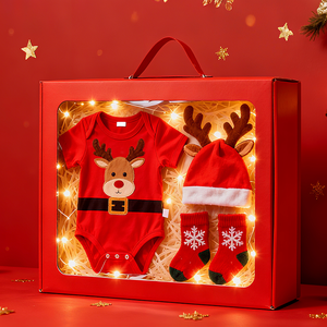 Boîte cadeau de Noël pour bébé, écologique, douce, respirante, 3 pièces, body, barboteuse, motif d'élan mignon, coton, <span class=keywords><strong>hiver</strong></span>, nouveau-né - Product Image 5