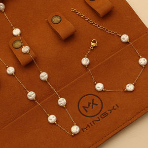 ミニマリストスタイル淡水ラウンドフラットパールネックレスブレスレットセットステンレススチールピュアパールセットクラシックパールジュエリー - Product Image 1