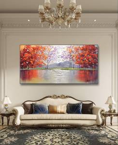 Pintura al Óleo Vibrante de <span class=keywords><strong>Paisaje</strong></span> <span class=keywords><strong>Otoñal</strong></span> con Lago y Bosque Rojo, Arte Mural Moderno Abstracto en Lienzo - Product Image 4