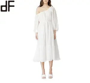 OEM mujeres Casual elegante vestidos de novia de un hombro plisado dobladillo gasa moda Midi Puff manga larga vestidos blancos de lujo