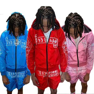 OEM <strong>Wind</strong> <strong>Breaker</strong> Sets Windproof Men Custom Polyester Track Suit Zipper Hoodie and Shorts Two Piece Set Tracksuit - Product Image 1