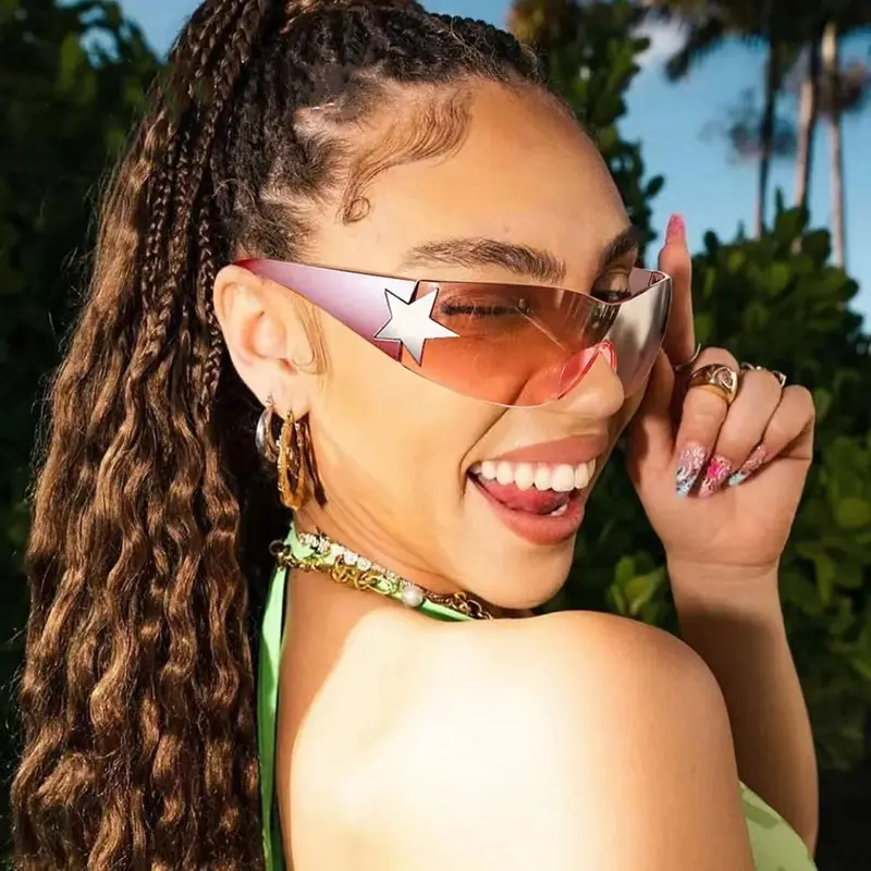 Sunway Eyewear Wrap Around Oversized Hot Futuristic One Piece Lens Star Y2K Rimless Sunglasses Women