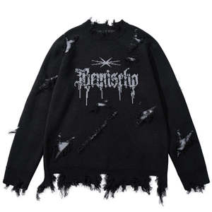 Pull en tricot noir gothique pour homme avec détails à franges, logo lettre sur le devant, coupe ample, col rond, vêtement d'hiver - Product Image 2