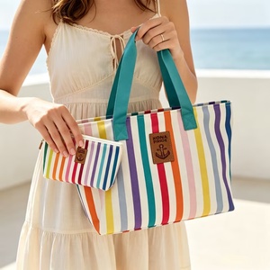 Canvas Rainbow Striped Tote Bag Set Portable <b>Handbag</b> With Matching <b>Small</b> Pouch For Daily Commute Shopping Bag - Product Image 3