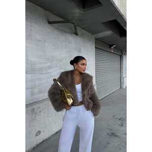 Abrigo largo con capucha de piel de conejo marrón Vania, cierre de cremallera de un solo botón, estampado de leopardo, tela de lana tejida. - Product Image 2