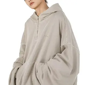 vintage Raw edge seam Quarter zip oversized hoodie for men 100%cotton batik Elevated Hoodie with Kangaroo pocket