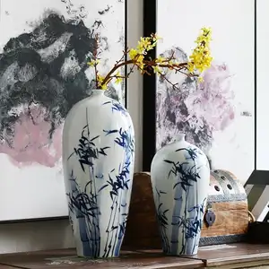 Quality Jingdezhen hand painting blue bamboo pattern chinese classic ceramic home office hotel decoration porcelain vase