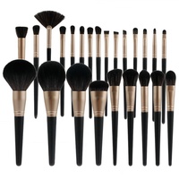 Pinceaux de maquillage professionnels 24 pièces, manche en bois noir et or mat, fibres synthétiques, luxe, véganes, pour fond de teint, poudre, maquillage des yeux et estompage