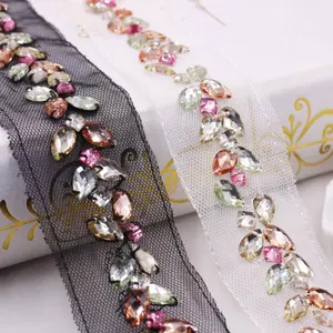 handmade sewing organza acrylic crystal rhinestone lace trim for clothes