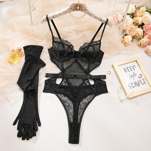 Combinaison une pièce de luxe en dentelle à armatures avec découpes séduisantes et longues mitaines assorties, tenue de club exotique et sensuelle pour femme - Product Image 6